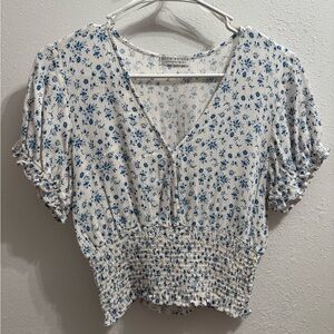Paper Crane White Puff Sleeve Smocked Crop Blouse
